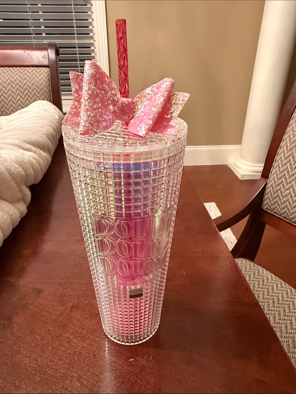 Dolly Dollcake Iridescent Pink Sequin Bow Travel Tumbler with Straw